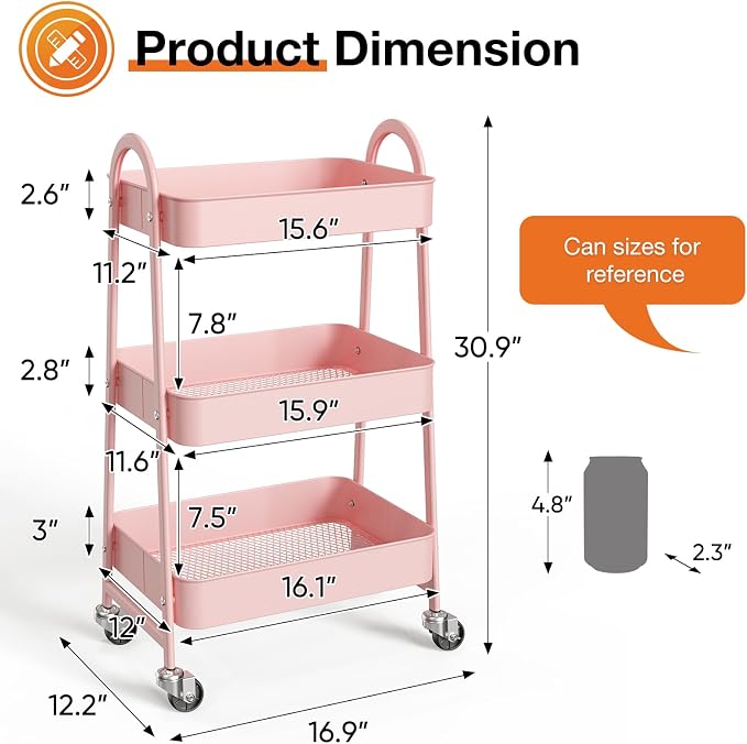 NEWBULIG 3-Tier Metal Rolling Storage Cart, Heavy Duty Mobile Utility Organizer Shelf with Lockable Wheels, Multifunctional Trolley for Daily Supplies, Home Indoor Daily Use, Pink