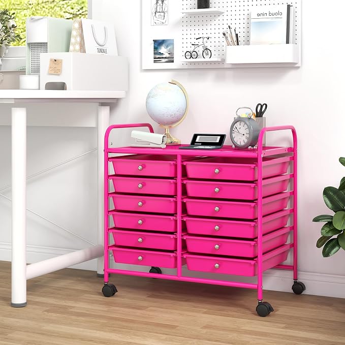 COSTWAY 12-Drawer Rolling Storage Cart, Utility Storage Organizer Cart for Tools, Scrapbook, Paper, Craft, Multipurpose Art Supply Organizer on Wheels for Home Office School, Teacher, Hot Pink