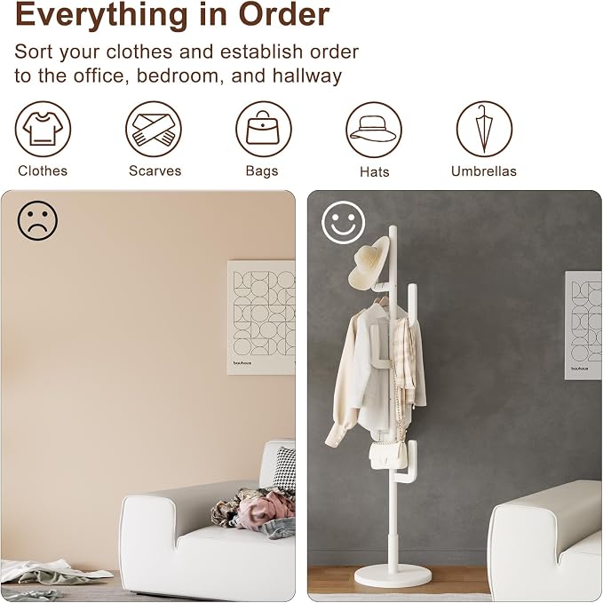 Muwuele Solid Wood Cactus Coat Rack, Freestanding Coat Rack With 6 L-Shaped Hooks and 3 Adjustable Sizes, Coat Tree for Bedroom, Entryway, Livingroom, Coat Hanger Stand for Coats, Handbags (White)