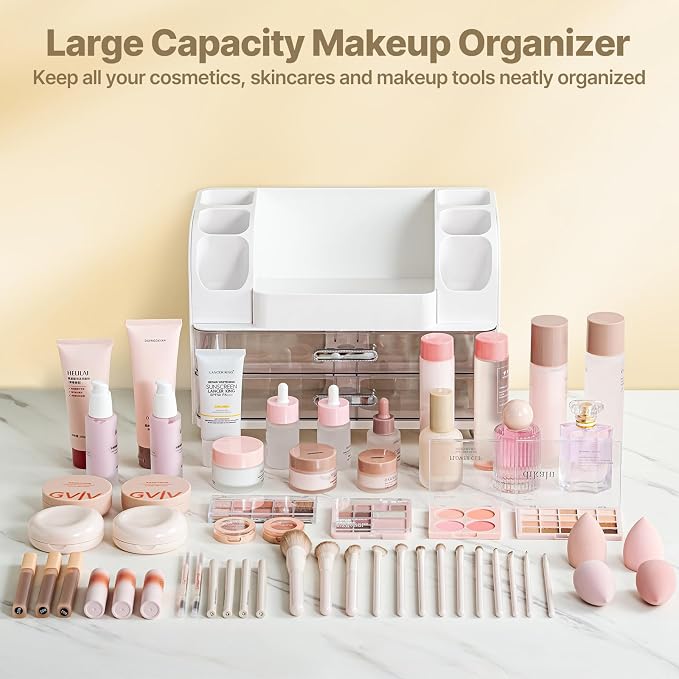 Makeup Organizer with Brush Holder, Makeup Organizer Countertop with 2 Drawers, Make up Organizers for Vanity, Vanity Organizer, Makeup Storage For Skin Cares,Makeup Brushes,Lipsticks,Perfumes(White)