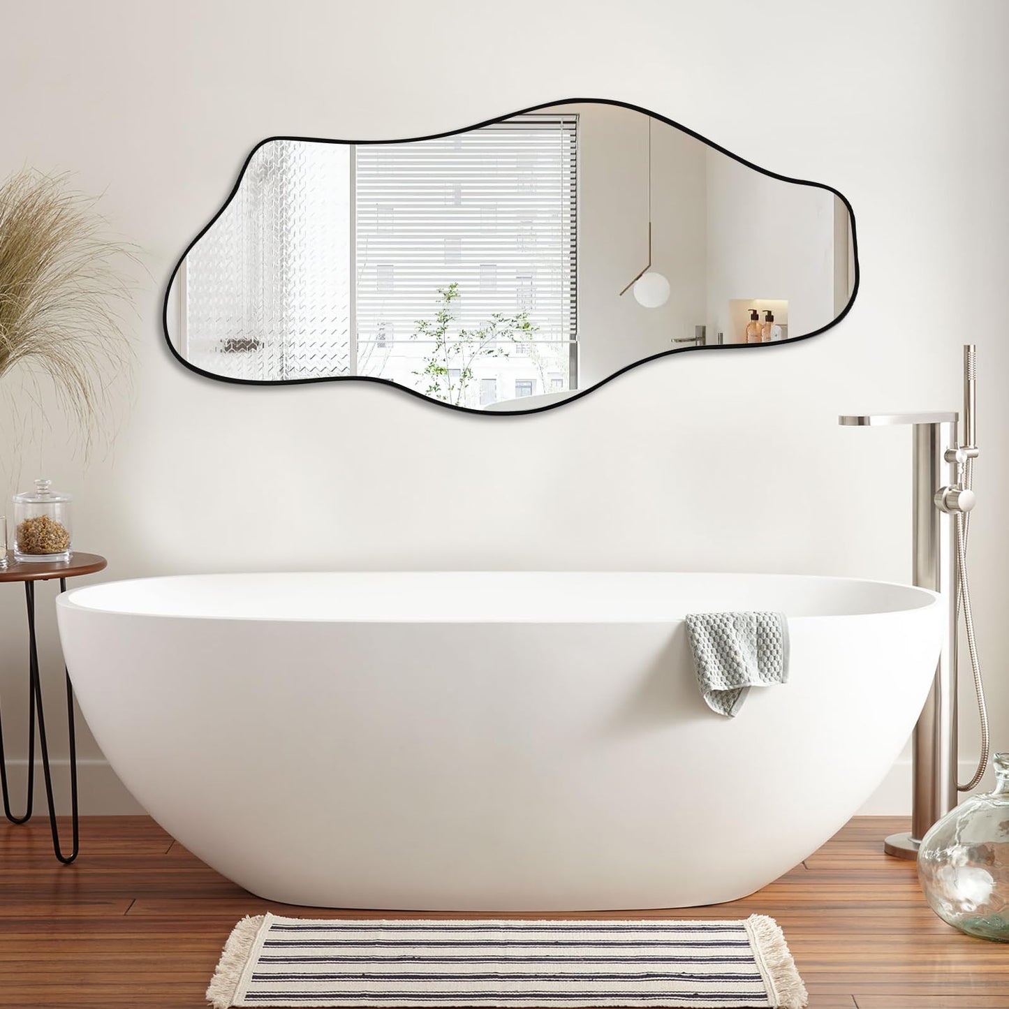 Jesmaikor Large Irregular Wall Mirror, 47.2"x21", Black Asymmetrical Modern Oblong Wavy Cloud Mirror for Living Room, Bathroom, Entryway, Dining Room