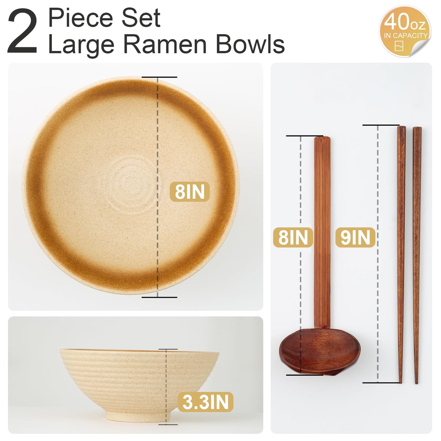 ArtifexCeram 8 Inch Ceramic Ramen Bowl Set of 2, 40oz Japanese Bowls with Spoons & Chopsticks,Durable,Microwave & Dishwasher Safe,Perfect for Ramen,Pho,Salad,Soup,Noodles，Mixing bowls（Amber）