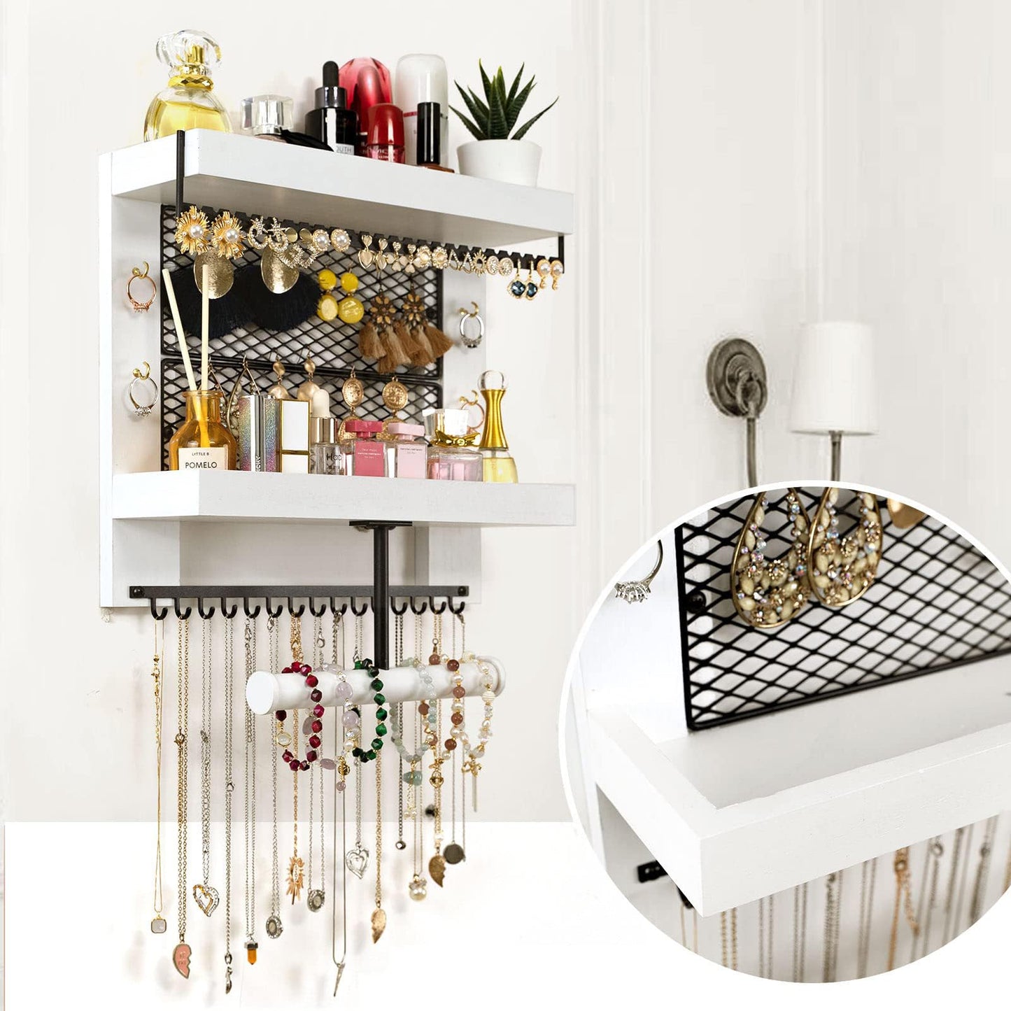 Pinzoveco Hanging Jewelry Organizer Wall Mounted With Wall Jewelry Organizer Holder For Necklaces Bracelet Earrings Ring (White)