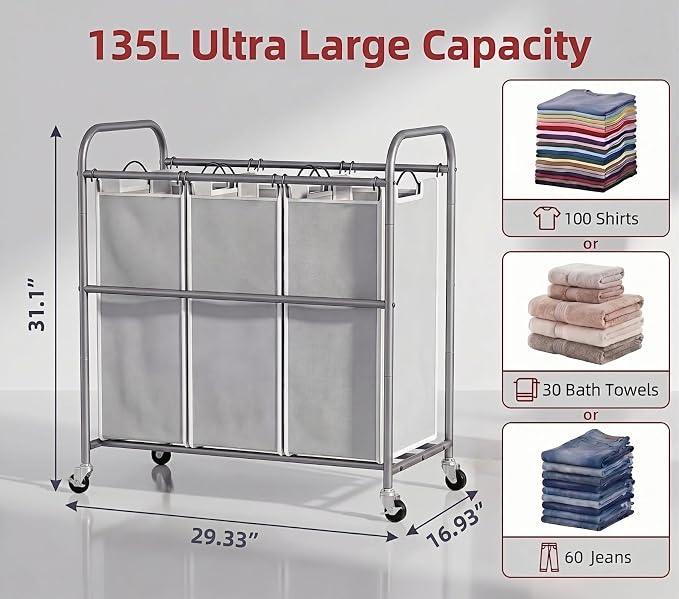 ROMOON Laundry Sorter Hamper 3 Section, Divided Laundry Basket Organizer with Heavy Duty Lockable Wheels and Removable Bags, Rolling Clothes Hamper for Apartment, Dorm & Family (135L Neutral Gray)