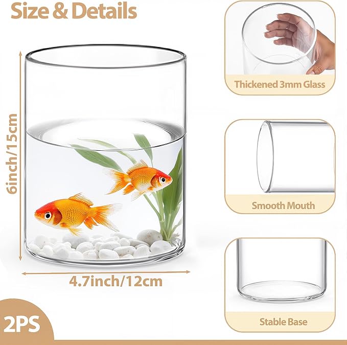 TBWIND 2Pcs Glass Cylinder Vases for Centerpieces, 6" x 4.7" Wide Mouth Flower Vase Hurricane Glass Candle Holders, Clear Vases Bulk with 2 Floral Tapes for Floating Candles Wedding Party Home Decor
