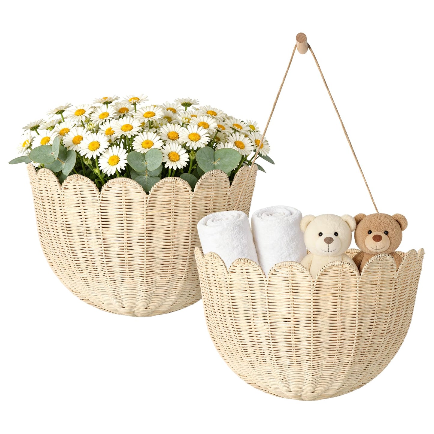 Natural Handwoven Scalloped Wall Basket Set of 2, Premium Rattan Wicker Wall Hanging Organizer for Boho Home Decor, Decorative Wall Storage for Bathroom, Entryway, Living Room & Craft Room