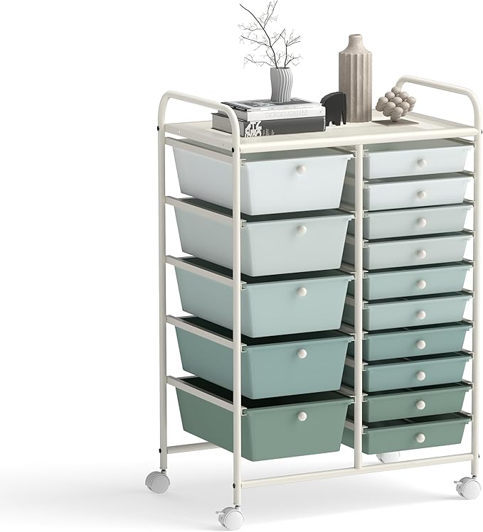LDAILY 15 Drawer Rolling Storage Cart, Rolling Cart with Drawers for Classroom, Art Supply Craft Organizer on Wheel with Metal Frame & Handles for Home Office School (Gradient Green, 15 Drawer)