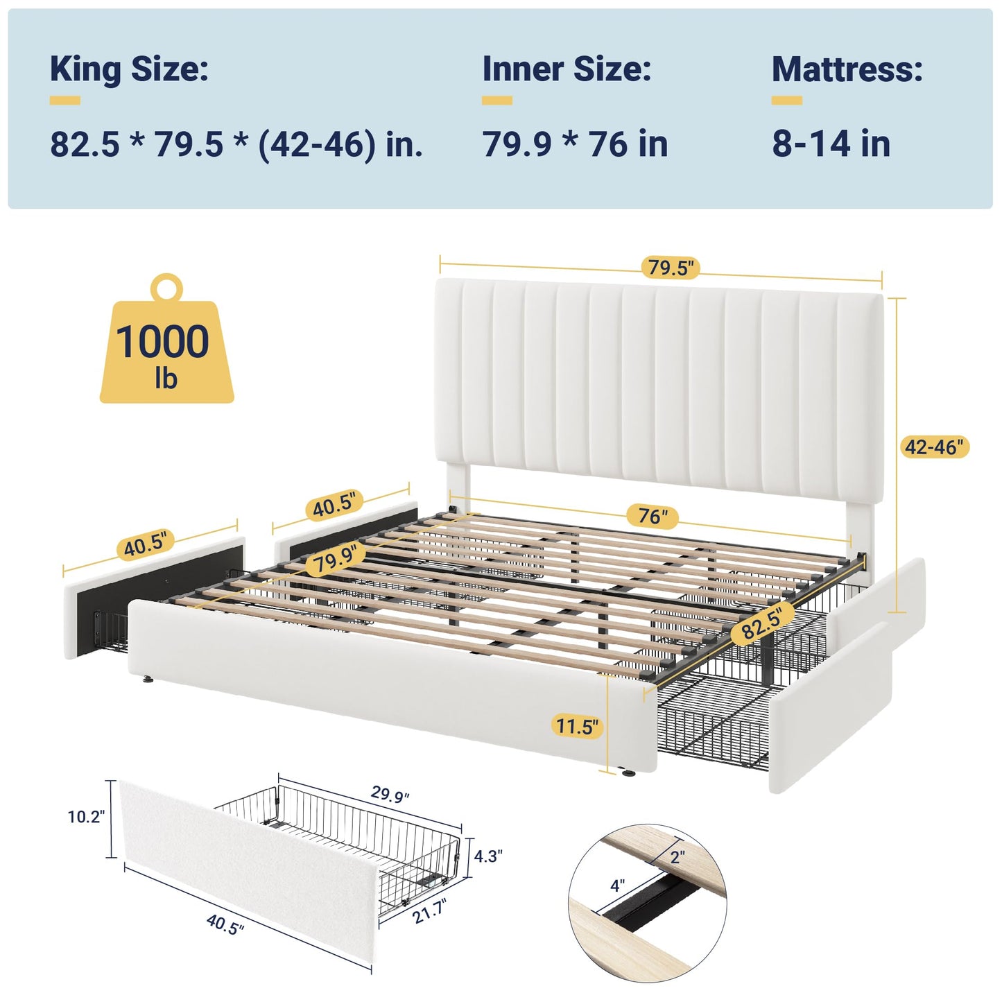 Allewie King Size Storage Bed Frame, Vertical Channel Tufted Adjustable Headboard, Velvet Upholstered Platform Bed with 4 Oversized Underbed Drawers, Wooden Slats Support, No Box Spring Needed, White