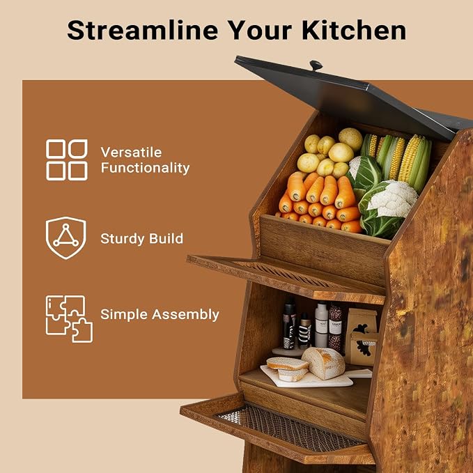 Potato and Onion Bin with Lid Movable Bread Box, Potato and Onion Storage with Wheels Black Movable, Vegetable Cabinet with 3 Tier Storage, Grocery Section Bread Box Set of 2