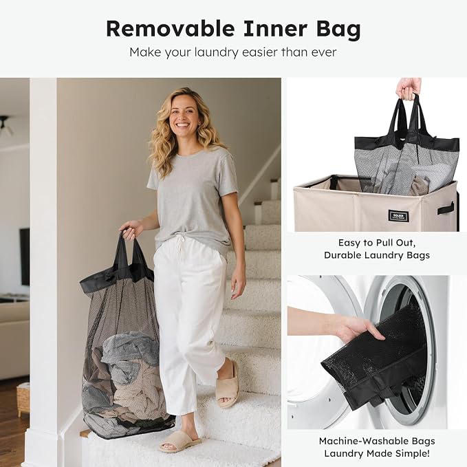 SOLEDI Double Laundry Hamper with Lid, 47.8 Gal (180L) Large Laundr Basket 2 Section with 2 Side Pockets, Dirty Clothes Hamper with Removable Bag, Easy to Carry for Laundry Room, Bedroom, Light taupe