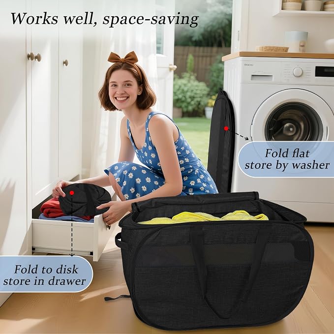 100L Extra Large Mesh Pop Up Laundry Hamper with Lid & Handles 2 Pack, XL Foldable Dirty Clothes Basket for Home Dorm Closet Storage, Portable Laundry Bin, Black. 2H