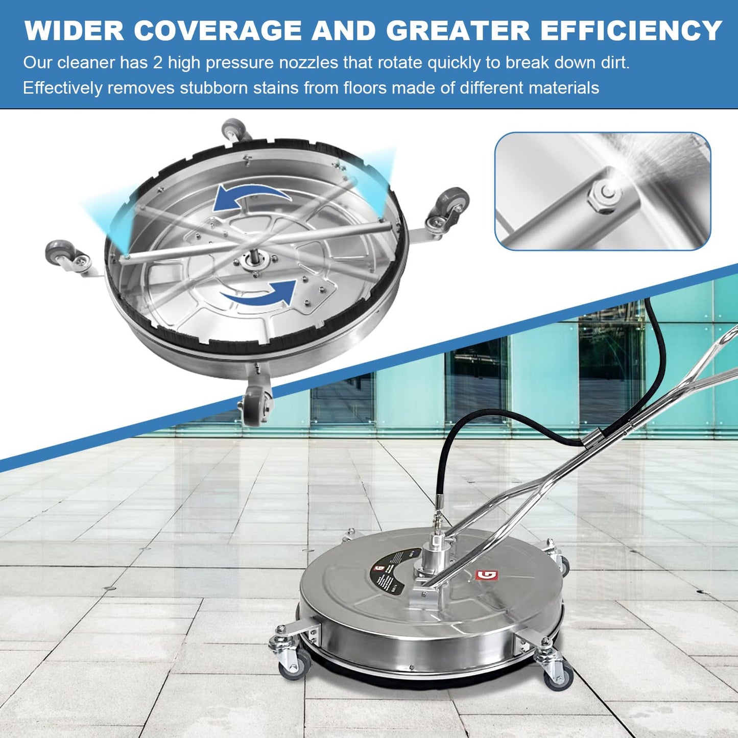 24" Pressure Washer Surface Cleaner with 4 Wheels - Stainless Steel Dual Handle Surface Cleaner 4900 Max PSI, 3/8" Connector & 1/4" Adapter Power Washer Floor Attachment,for Floor Driveway, Patio