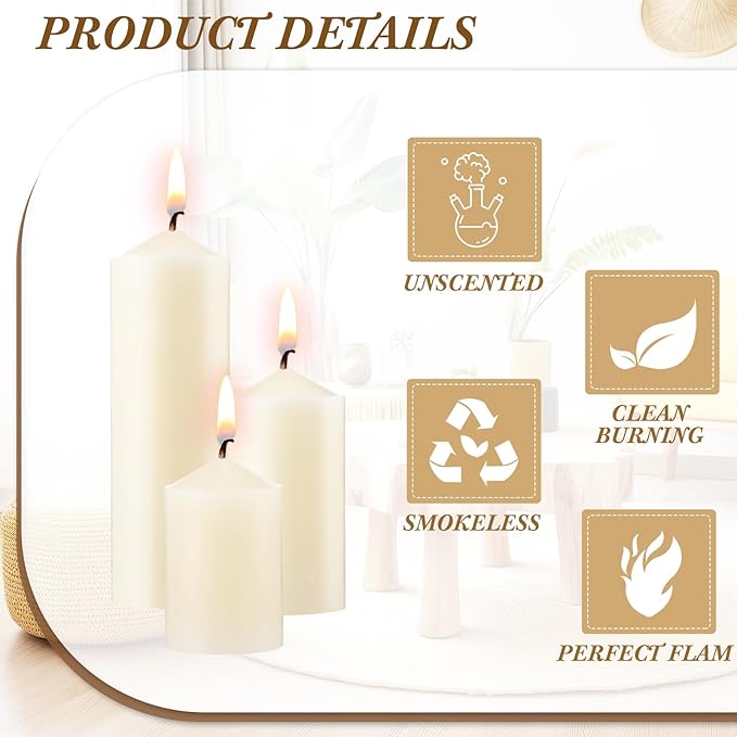 MTLEE Set of 54 Ivory Dripless Pillar Candles Unscented Candles Bulk Smokeless Fireplace Assorted Size for Home Wedding Birthday Dinner Holiday Party Decoration 2'' x 3'', 2'' x 4'', 2'' x 6''