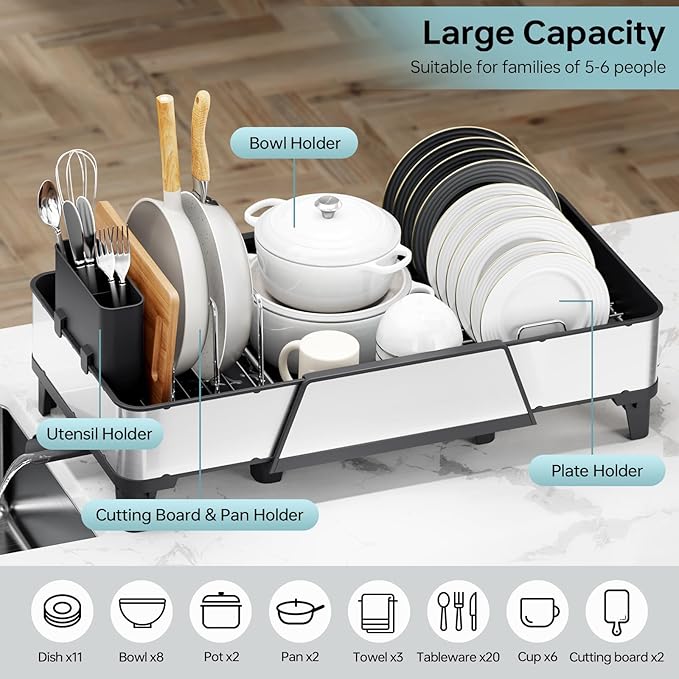 Urackify Large Dish Drying Rack - Triple Expandable Dish Rack for Kitchen Counter, Stainless Steel Sink Organization and Storage Essentials with Utensil & Pans Holder for Home and Appartment, Black