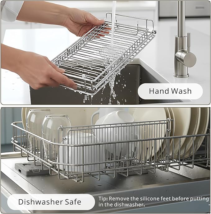 Foldable Dish Drying Rack, Small Dish Drying Racks, Collapsible Dish Drying Rack for Kitchen Counter - Compact Design, Stainless Steel, Silver