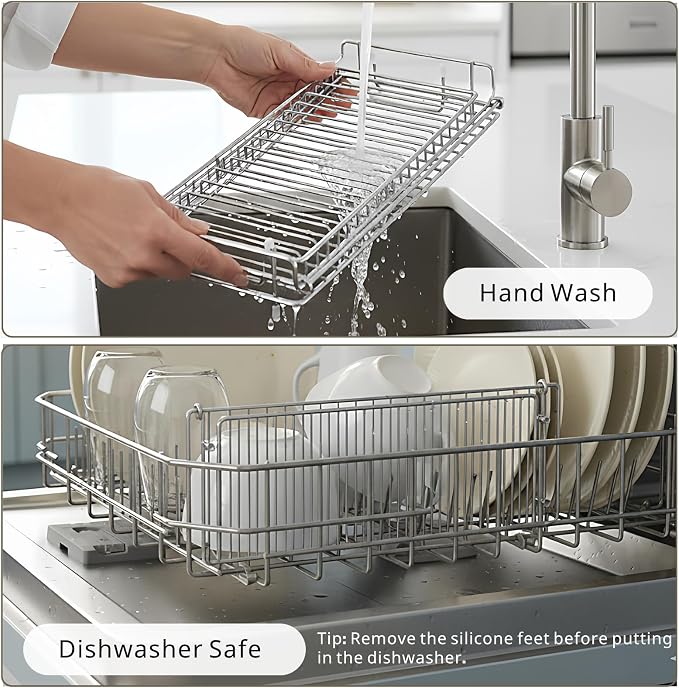 Collapsible Dish Drying Rack, 304 Stainless Steel Foldable Dish Rack for RV Camper Travel Trailer Boat, Folding Dish Drainer with Absorbent Mat, Compact Space Saving Kitchen Organizer, Silver