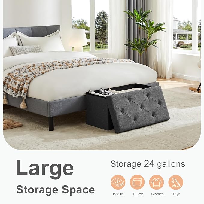 Sweetcrispy 30 Inch Folding Storage Ottoman Bench, Large Hidden Storage Chest with Padded Seat, Foot Rest Stool Supports Up to 660Lbs, End of Bed Bench for Bedroom, Living Room, Linen Fabric, Grey