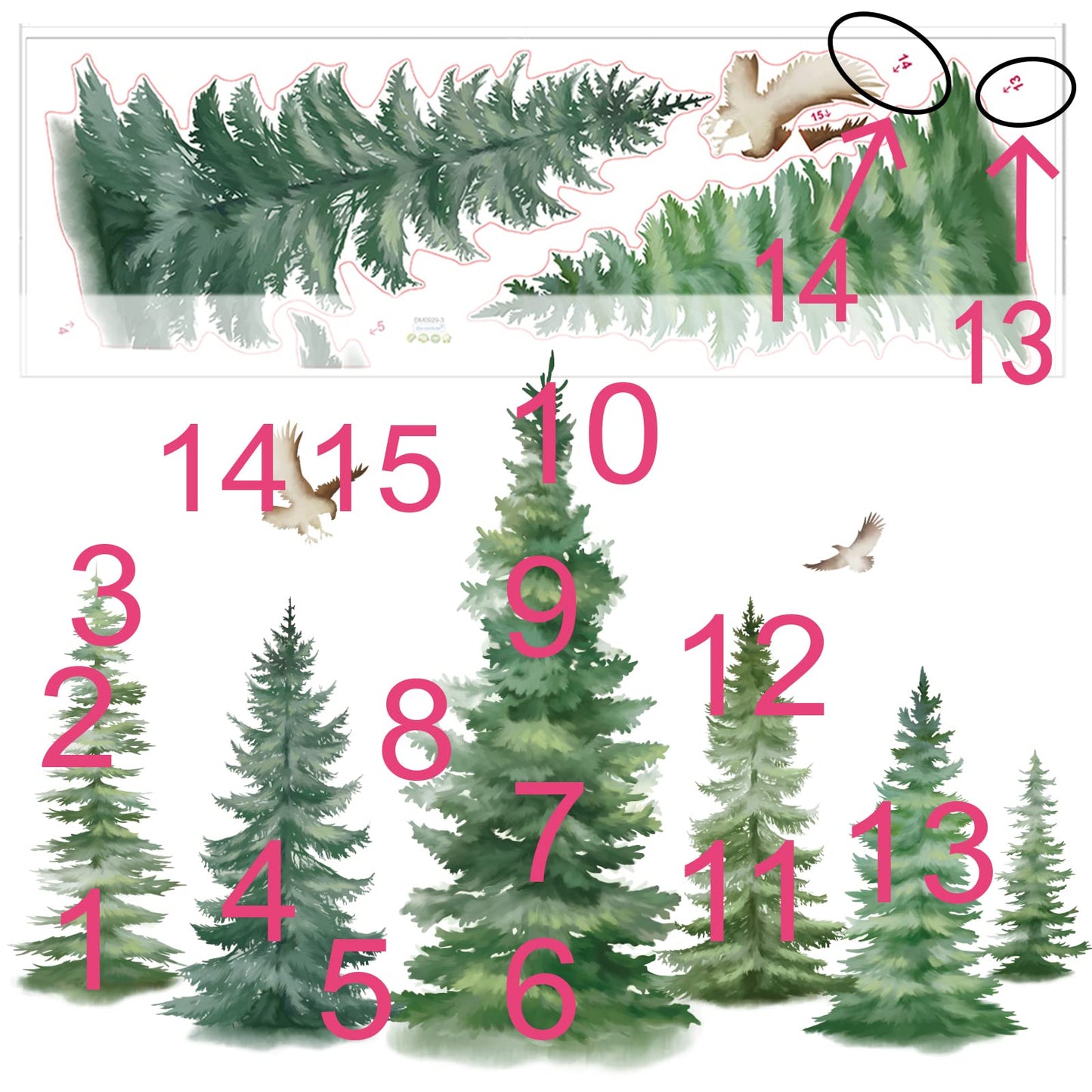decalmile 6 Watercolor Pine Tree Wall Decals Christmas Woodland Wall Stickers Nursery Bedroom Living Room Wall Decor(H: 37inches)