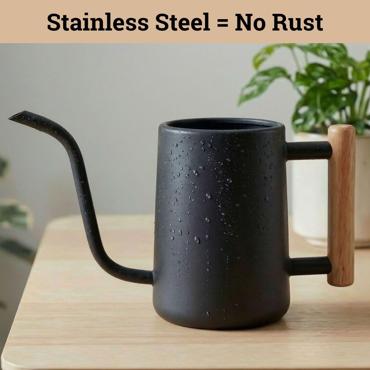 35 Ounce Metal Small Indoor Watering Can with Long Spout & Real Wood Handle for House Plants, Succulents, Cacti & Seedlings - Black Long Spout Watering Can Indoor Plants - Gentle Flow & No Spills