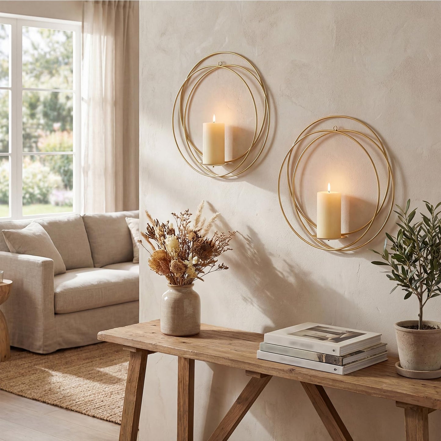 Wall Candle Sconces Set of 2 Gold Metal Hanger with Wood Base Farmhouse Rustic Wall-Mount Candle Holders Modern Wall Decorations for Living Room Bathroom Garden Patio Office