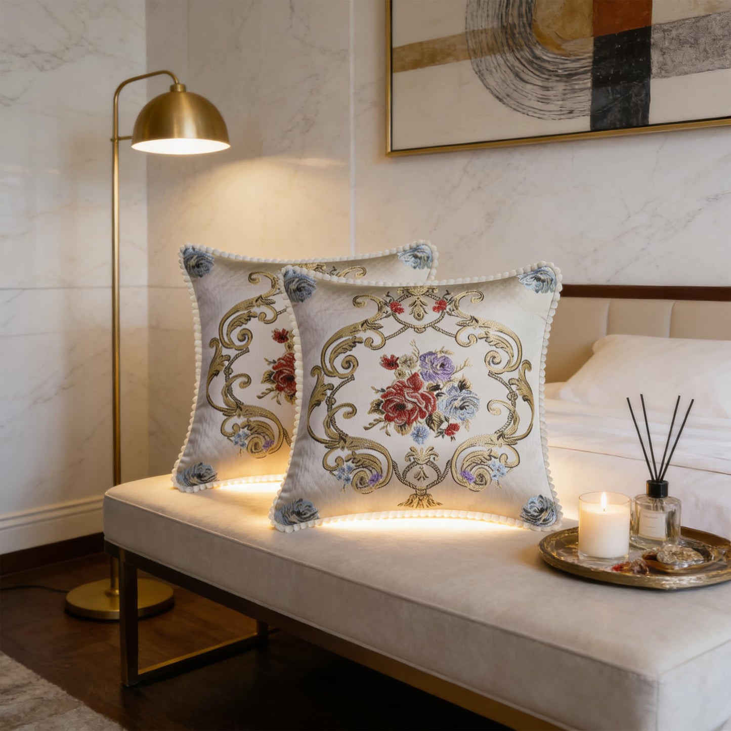SZHELEJIAM Pillow Cover Set of 2, Jacquard Vintage Embroidered Pillow Case, for Sofa Cushion Cover for Sofa, Bed, Living Room, Throw Pillow Covers 18x18 Beige