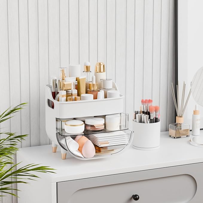 Yieach White Make up Organizer for Countertop,Vanity,Large Capacity Bathroom Makeup Skincare Organizers With Brush Holder,Makeup Storage Organizer for Lotion,Beauty Products,Skin Care,Makeup Display