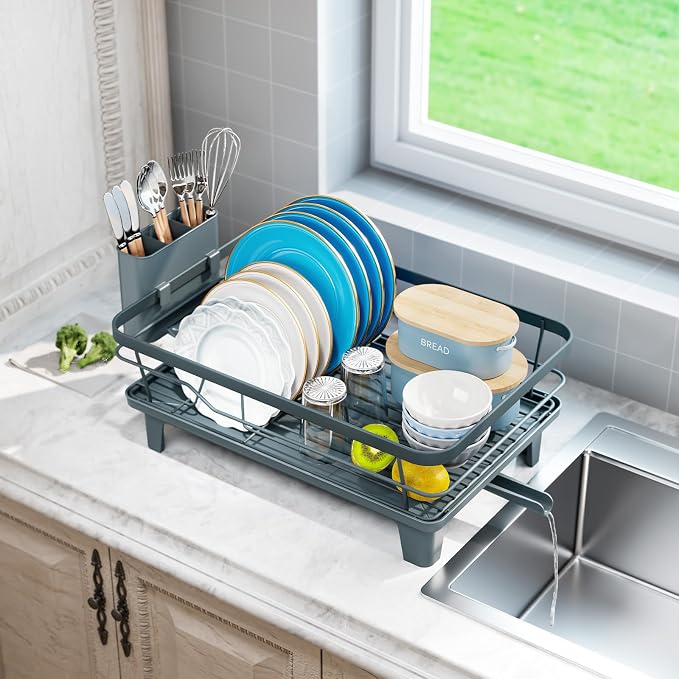 Urackify Dish Drying Rack for Kitchen Counter, Sink Dish Rack with Drainboard, Large Dish Drainer with Cups Holder, Home Countertop Plate Dryer Storage Rack with Cutlery Holder, Blue
