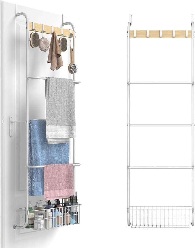 Over The Door Towel Rack,5-Tier Over Door Towel Racks for Bathroom,Towel Rack with Hooks and Basket Door Hanging,Blanket Ladder for Living Room White
