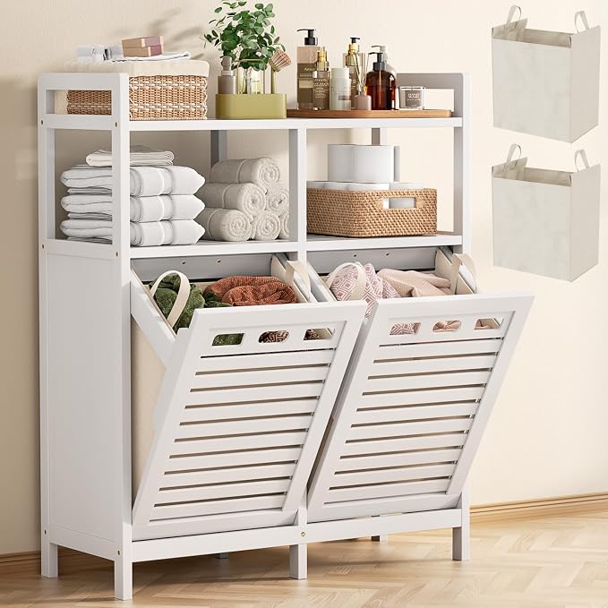 Homykic Tilt Out Laundry Hamper Cabinet, Bamboo Double Laundry Hamper with 2 Removable Laundry Baskets, 20 Gal Laundry Sorter Organizer with Shelf for Dirty Clothes, Bathroom, Laundry Room, White