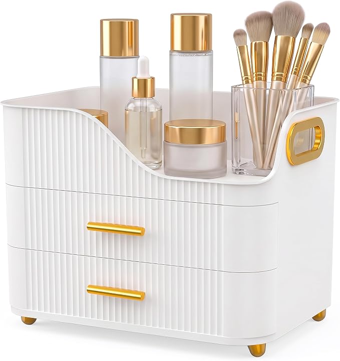 Booklov Countertop Makeup Organizer with Drawers, 3 Tier Large Cosmetic Storage Box for Vanity, Bathroom Counter, Dresser, Skincare Display Case for Lipsticks, Beauty Palettes, Teen Girl Gifts, White