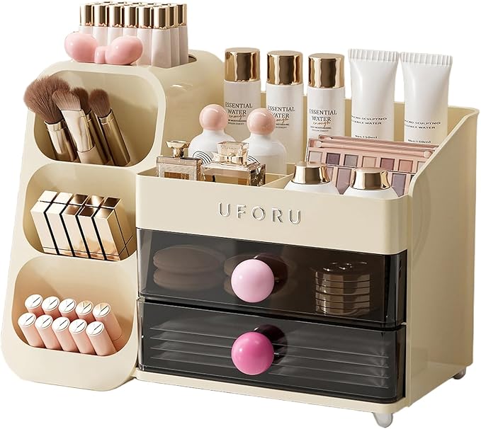 UFORU Makeup Organizer for Vanity with Brush Holder, Large Capacity Bathroom Countertop Skincare Organizer with 2 Drawers, Cosmetic Display Case for Perfumes, Eyeshadow Palettes, Nail Polishes
