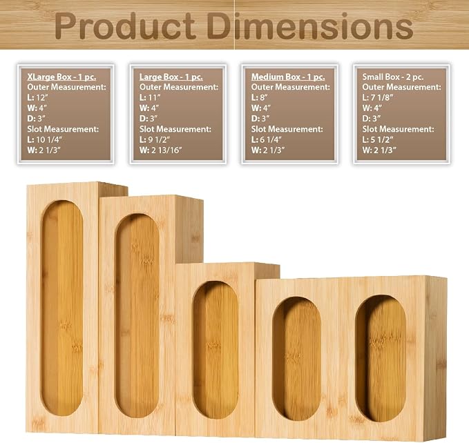 Bartnelli Sandwich bag organizer for Baggie Storage Organization, 5 PC Premium Bamboo Kitchen Drawer Organizer, Bag Holder Dispenser