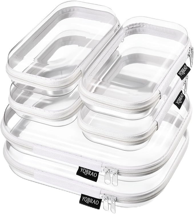 YQBRAO 6 Pack Clear Hard Shell Beauty Organizer (2M+4S), 1.2mm Crush-Proof Cosmetic Case, Reinforced YKK Zippers, Stadium Approved Security Bag for Skincare, Toiletries & Electronics, Multi-Size Set