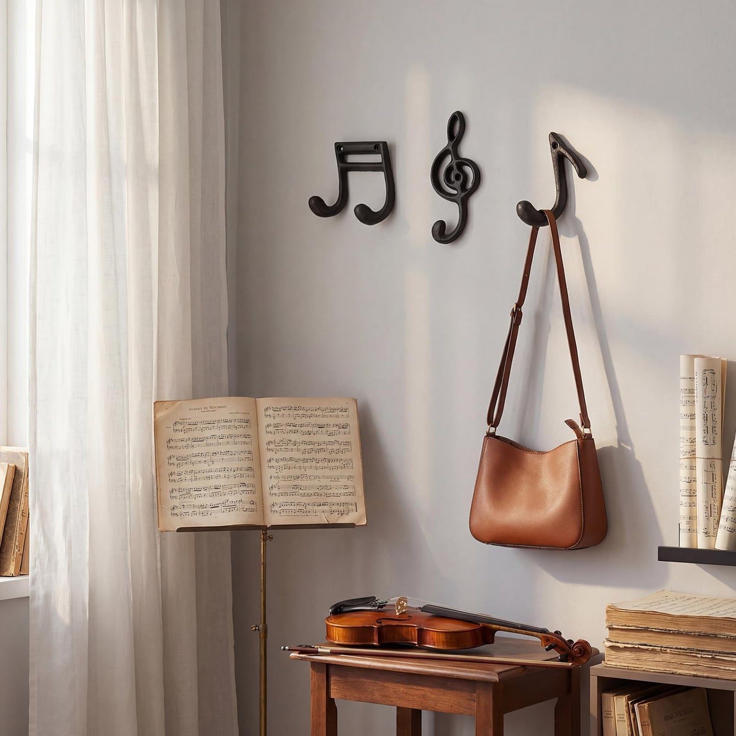 Otoolling 3 Pcs Musical Note Black Finish Cast Iron Hook Musical Note Wall Decorative Hooks with Screws for Music Room Home Kitchen Outdoor Garden Hanging Clothes Caps Bags