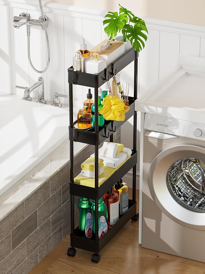 LEHOM 5.1Inch Slim Storage Cart - 4 Tiers Bathroom Organizer Mobile Shelving Unit Storage Rolling Utility Cart Slide Out Organizer for Kitchen Bathroom Laundry Narrow Places, Black U4