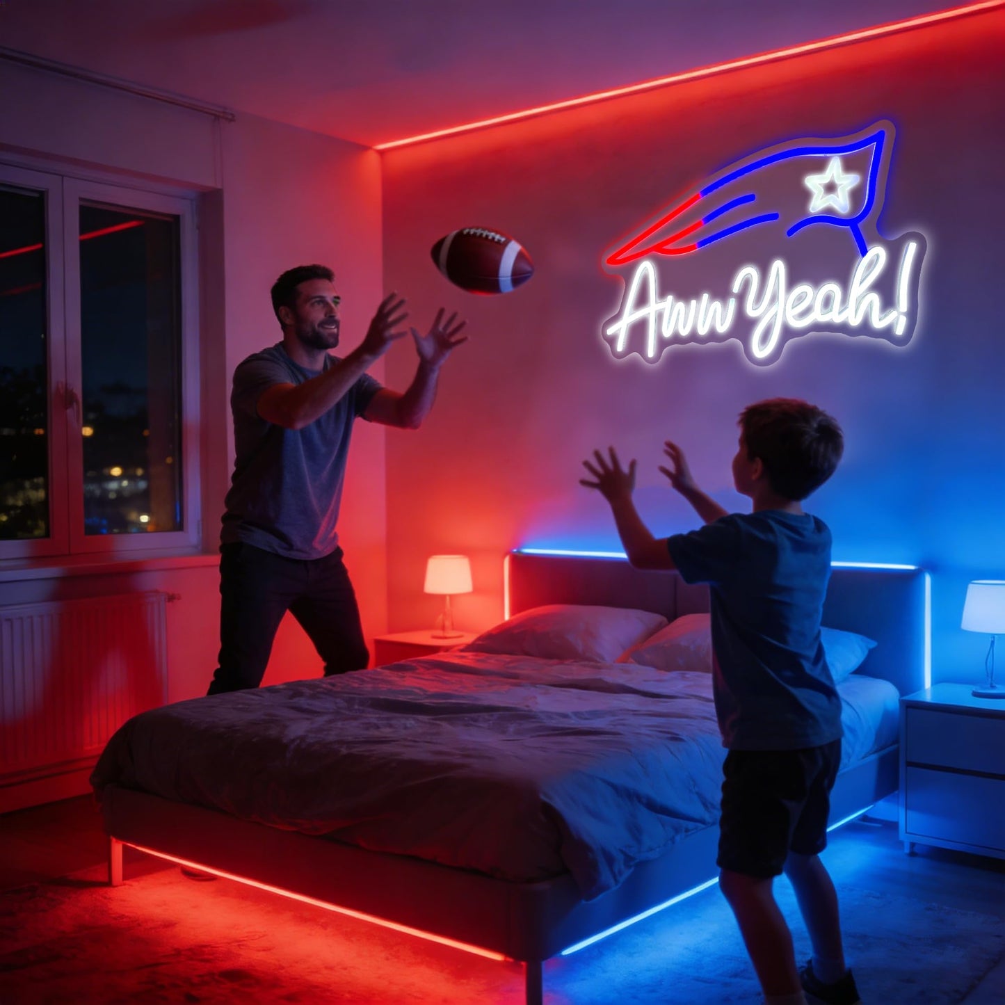 Football Team Neon Sign, Cool Dimmable Light Up Led Aww Yeah Football Sign Merch Logo Hanging USB Powered for Wall Decor, Man Cave, Bedroom, Game Room Deco, Birthday Christmas Gift for Kids Boys Fans (Petriots)