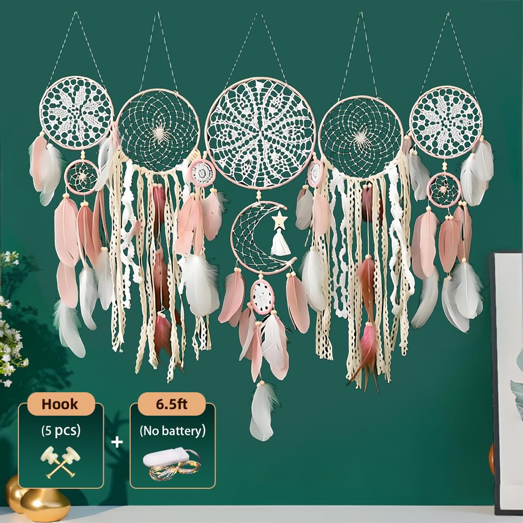 Handcrafted Dream Catcher Wall Decor Set, 5 Pieces, Round Shape, 10 Inch Diameter, Cotton and Feather, Art Deco Style, Moon and Star Design, Indoor Hanging Ornaments (5, White)