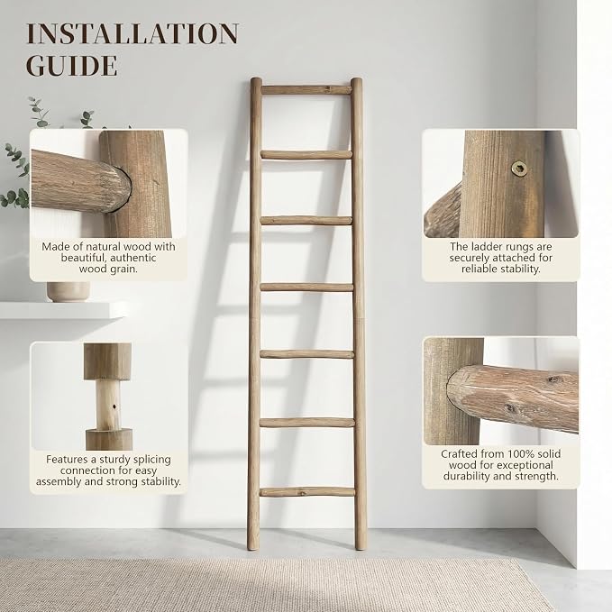 Wooden Blanket Ladder - 76in Natural Wood Color- Leaning Wall Decor for Bedroom, Bathroom, Living Room - Rustic Quilt Holder (Natural Wood Color (Knock Down), 76in(7-Rung) | Knock Down)