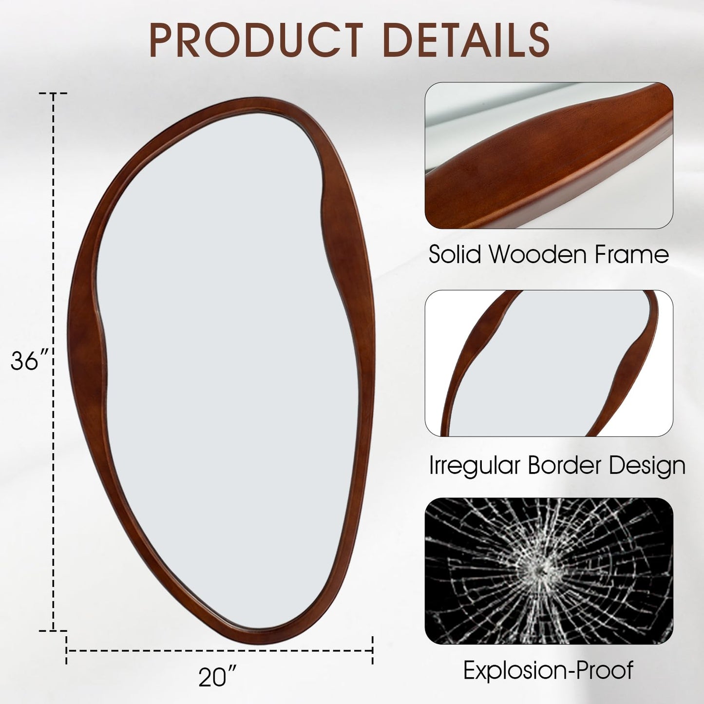 Fitous Asymmetrical Wood Mirror, Irregular Wall Mirror, Walnut Wooded Framed Wave Mirrors for Bathroom, Bedroom, Living Room, Entryway, Farmhouse Mid Century Modern Mirrors(36" H x 20" W)