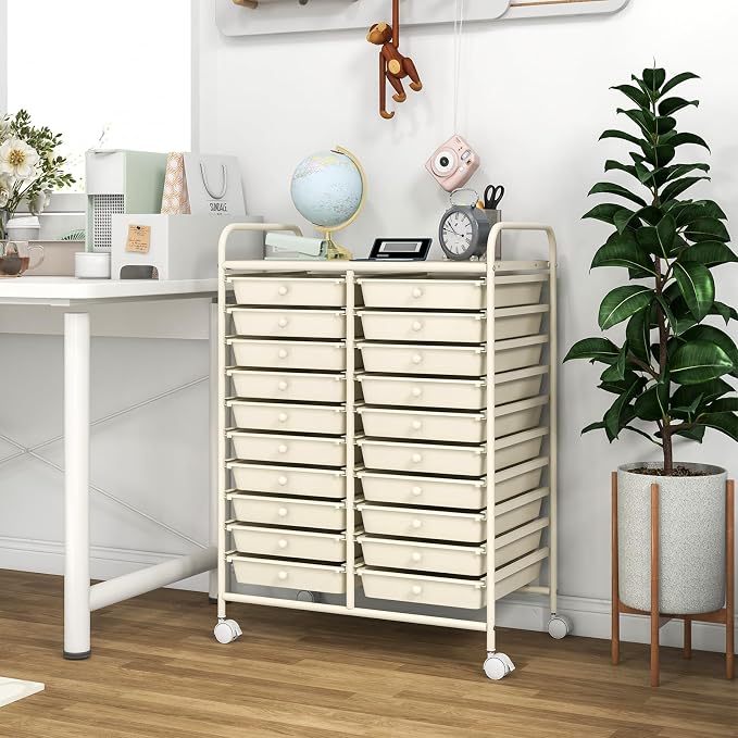 COSTWAY 20-Drawer Rolling Storage Cart, Utility Storage Organizer Cart for Tools, Scrapbook, Paper, Craft, Multipurpose Storage Trolley on Wheels for Home Office School, Ivory White