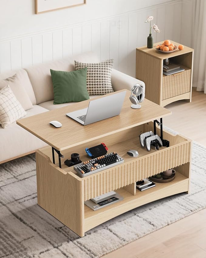 Marsail Lift-Top Coffee Table, Fluted Center Table with Hidden Compartments, Smooth Lifting & Space-Saving Design, Versatile Wood Coffee Table for Living Room and Office, Oak