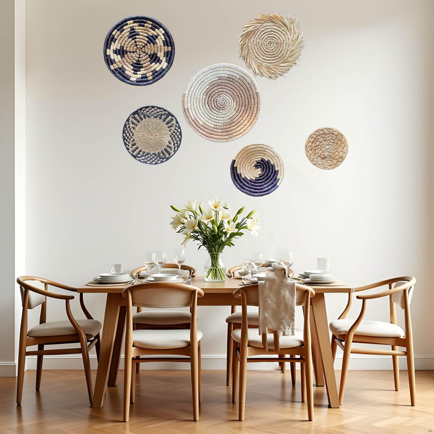 Laquedecraft Boho Round Handmade Wall Basket Decor | Woven Seagrass Rattan Wicker Wall Decor Hanging Rustic Flat Elegant Wall Art for Farmhouse Living Rooms Bedrooms Display Table Settings Kitchen Home (Bohemian, 6)