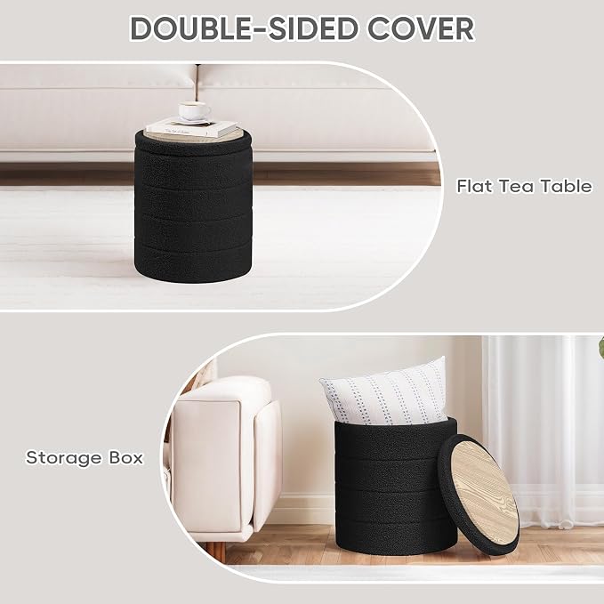 PINPLUS Round Storage Ottoman Foot Rest Stool with Tray Velvet Sherpa Folding Storage Ottoman,Boucle Foot Rest for Living Room, Bedroom, Dorm（Black）