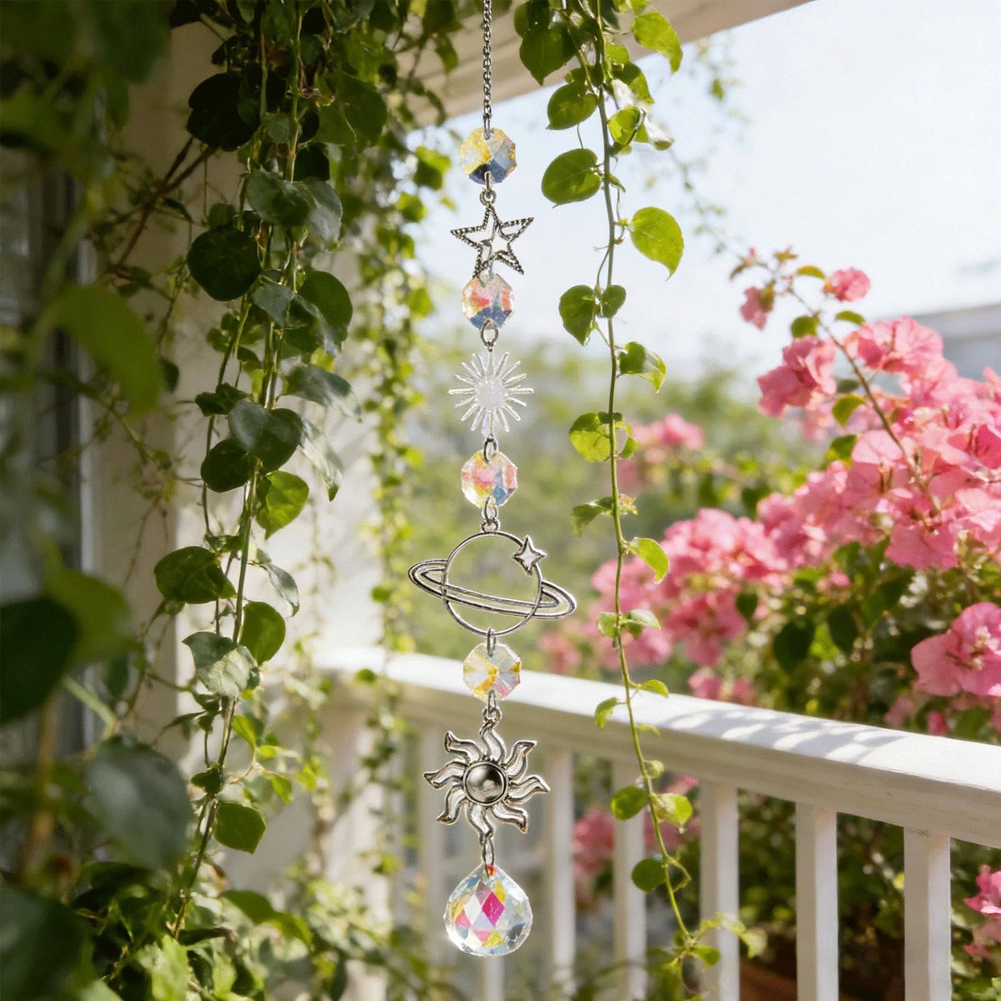 2PCS Moon & Star & Sun Rear View Mirror Car Charm, Crystal Sun Catchers Pendant, Healing Crystals Stones, 13.4in Moon Star Planet Boho Hanging Ornaments for Home & Car Decor