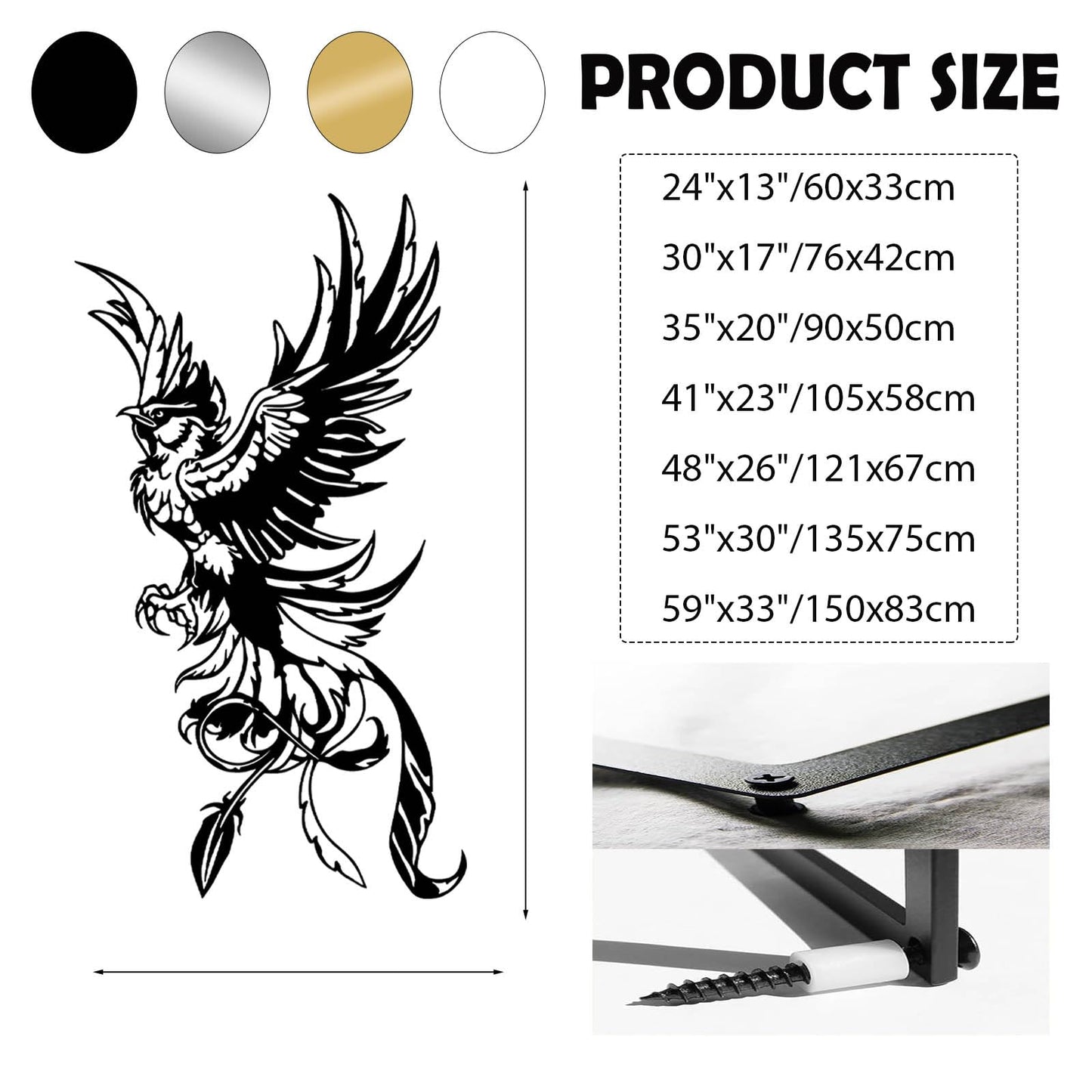 vinwipe Phoenix Metal Wall Art, Metal Phoenix Wall Decor, Bird Wall Decor, Mythical Wall Art, Outdoor Bedroom Wall Hanging (Black, 30"x17"/76x42cm)