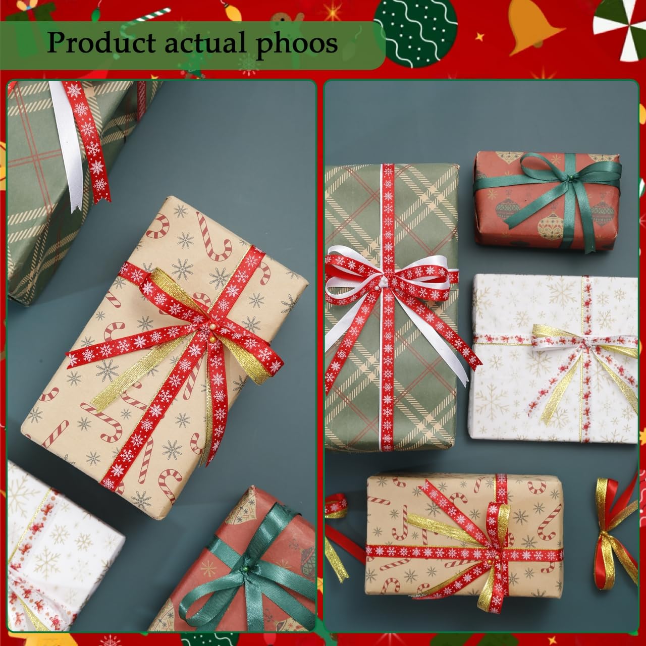 6 Rolls Christmas Ribbon for Crafts 3/8 Inch Glitter Fabric Holiday Festival Grosgrain Ribbon for Wrapping Decoration Floral Bows Craft(Gingerbread)