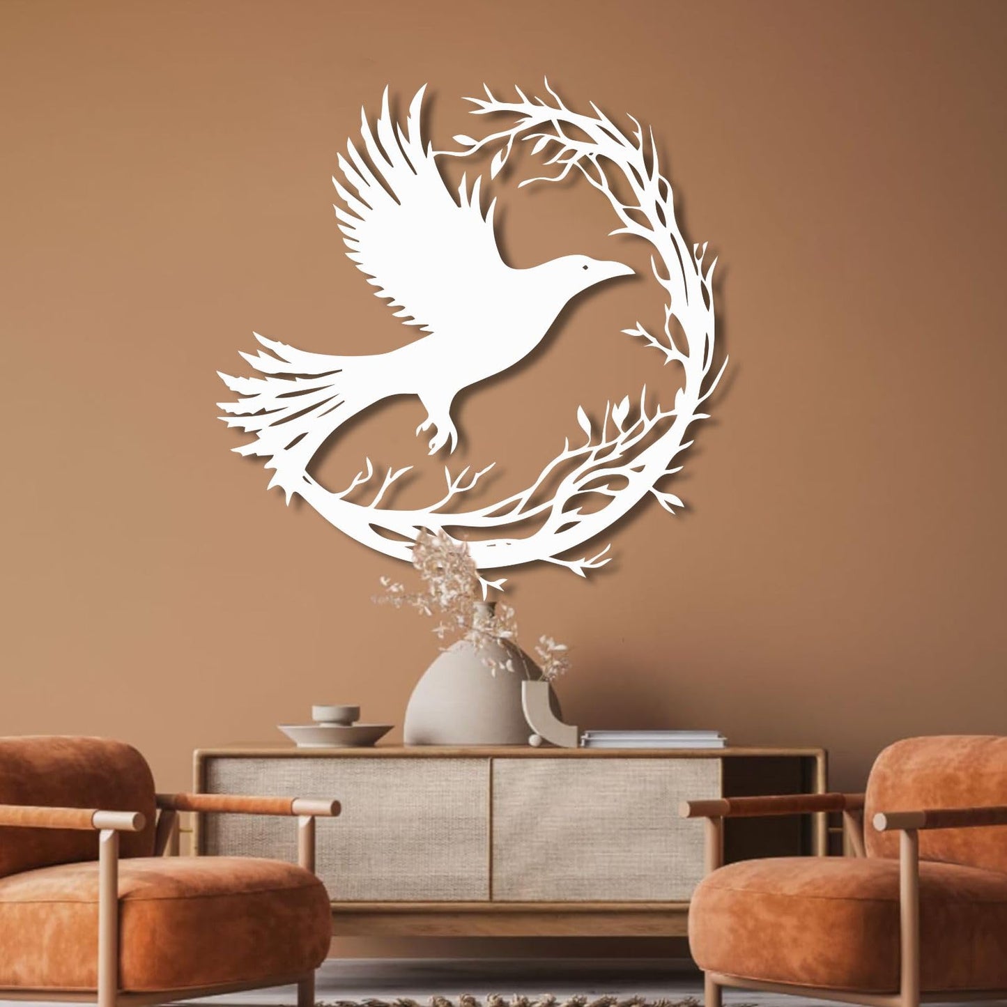 ENJOYOO Crow Wall Decor, Metal Crow Silhouette, Birds on A Branch Wall Decor, Bird Wall Art, Metal Bird Silhouette Tree Art for Living room, Outdoor (Black, 19×18in/47×46cm, metal wall art)