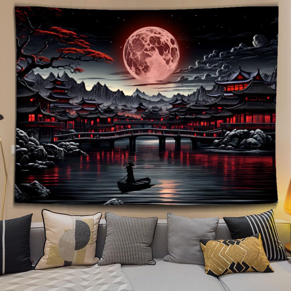 Ine Ive Japanese Landscape Tapestry Cool Red and Black Aesthetic Full Moon Mountain Riverside Wall Tapestries for Men 80x60inch Dark Nature Asian Japan Anime Art Poster for Bedroom Office Dorm Decor