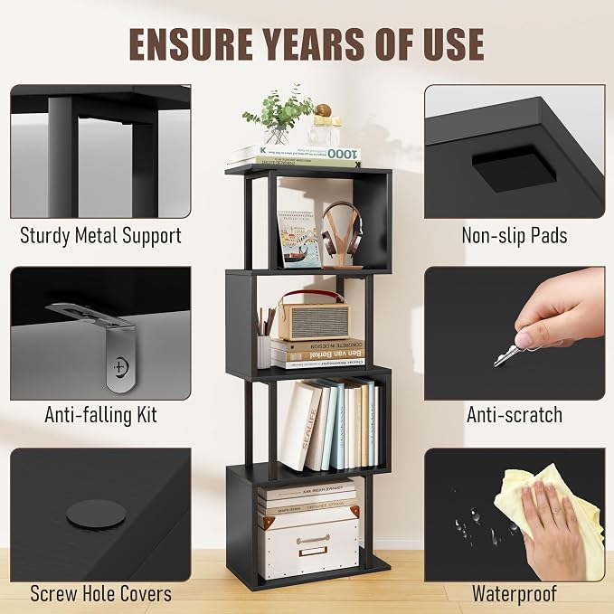 Gadroad 4-Tier Bookshelf, Narrow S-Shaped Geometric Bookcase, Wood Decorative Storage Shelving, Modern Freestanding Display Shelves, Book Shelf Unit for Living Room Bedroom Home Office, Black