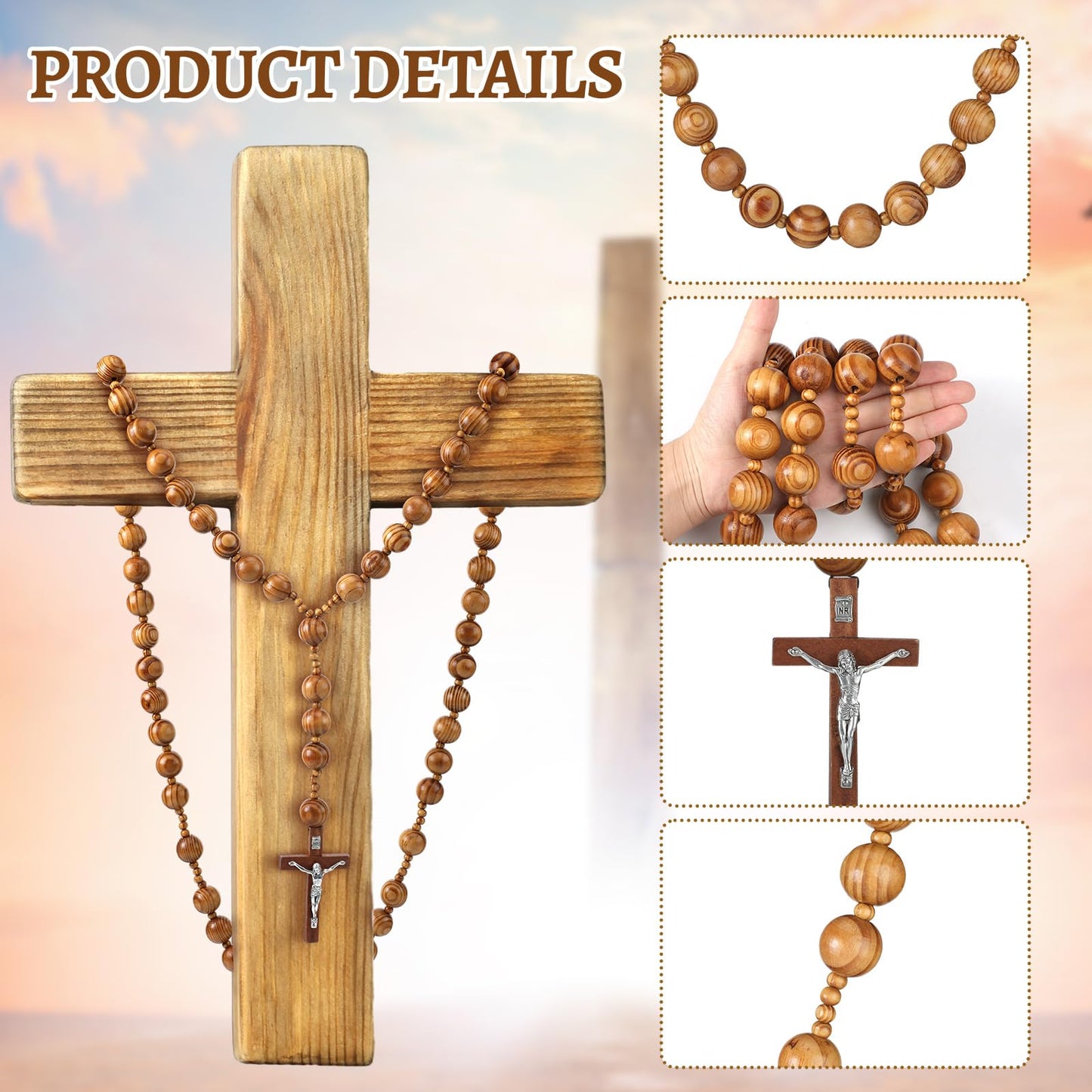 Quelay 42 Inches Catholic Holy Big Mix Beads Sanctified Rosary Handmade Natural Wood Chain Jesus Cross Large Wall Christian Rosary for Advent Prayer and Christmas Devotions